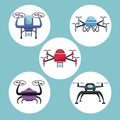 Color background with circular frame set icons of quadrocopters and drones
