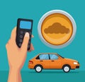 Color background of classic car and remote control with button cloud storage