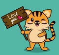 Color background with cute kawaii animal stripe tiger standing with wooden sign love you