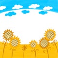 Color background drawing in kids style. Blue sky with clouds and yellow field with sunflowers