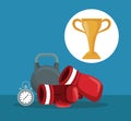 Color background with elements boxing kettlebell and chronometer with circular frame cup trophy Royalty Free Stock Photo