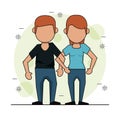 Color background with faceless couple in casual cloths