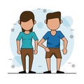 Color background with faceless couple and him in short pants