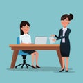Color background full body set of executive women in workplace and desk with laptop and manager standing with collected