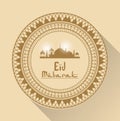 Color background with geometric round arabic frame with Eid Mubarak mosque and hand drawn calligraphy with gloss and