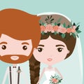 Color background with half body couple of just married bearded man and woman with braid hair