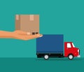 Color background with hand holdin a package and delivery truck
