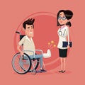 Color background with handicapped man in wheelchair and woman specialist doctor