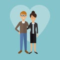 Color background with heart shape of full body couple blonded man with glasses and executive woman in formal suit Royalty Free Stock Photo