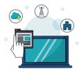 Color background with laptop computer in closeup with window app and networking icons on top Royalty Free Stock Photo