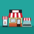 Color background with laptop computer store and smartphone with awning online shopping