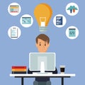 Color background man in desk with tech computer and icons programming language and light bulb solution Royalty Free Stock Photo