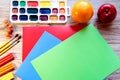 Color background with paints, colored cardboard and plasticine. Set for creativity Royalty Free Stock Photo