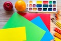 Color background with paints, colored cardboard and plasticine. Set for creativity Royalty Free Stock Photo