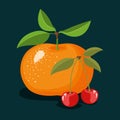 Color background of pair of cherries and one tangerine fruits