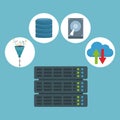 Color background with rack server router and technology elements in icons