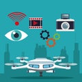 Color background silhouette buildings and modern white drone with pair of teelscope and icons set tech robot