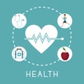Color background with silhouette heartbeat with icons in circular frame of healthy elements around
