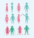 Color background with silhouette set pictogram generations cycle different aging of couple parents