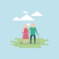 Color background sky landscape and grass with silhouette set pictogram elderly couple in grass with walking stick Royalty Free Stock Photo