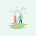 Color background sky landscape and grass with silhouette set pictogram woman and man carrying a babies and holding hands