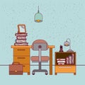 Color background with sparkles work place office interior with nightstand with phone lamp and books