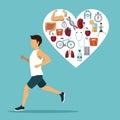 Color background with sport man ruinning with heart shape frame with icons of heath elements