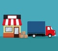 Color background with store with awning and delivery truck with packages