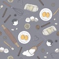 Color bakery pattern with rolling pin, beater, mold, strainer, flour, eggs, butter, lemon, spices. Hand drawn sketch.