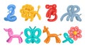 Color balloons in animals shape. Children inflatable toys. Air figures. Cartoon lion and snake. Helium inflated dog and