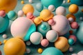 Color balls on mint green background with selective focus, some defocused. Abstract backgrounds with geometric sphere