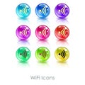 Color balls with wifi symbol app icon. Useful for wi-fi cafes, wireless internet zones, terminals, etc.