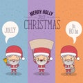 Color banner sparks merry holly jolly christmas of set full body cute caricature of santa claus with placard wooden an