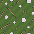 Color baseball seamless pattern with baseball bats and baseball balls on green field background