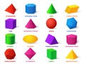 Color basic shapes. Realistic 3d geometric forms cube and ellipsoid, cylinder and sphere, cone and pyramid, learning