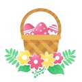 Color basket with Easter eggs and flowers on a white background.