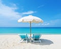 The color beach beds umbrella is on the ocean shore in the summer.