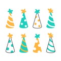 Color birthday flat line hats icons set on white Royalty Free Stock Photo