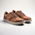Color Blocked Brown Leather Sneakers With Laces On White Background