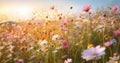 blooming flower sunset background white meadow violet beautiful field nature pink. Generative AI. Royalty Free Stock Photo