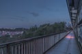 Color blue sky evening after nice sunset in Trebic town from railway bridge