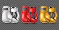 Color boxing gloves. Realistic professional accessories, fighting sport element, different colors gloves, white, red and