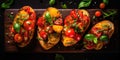 Color Bruschetta, Italian Baguette with Red and Yellow Tomatoes, Basil, Healthy Mediterranean Toast