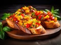 Color Bruschetta, Italian Baguette with Red and Yellow Tomatoes, Basil, Healthy Mediterranean Toast