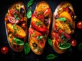 Color Bruschetta, Italian Baguette with Red and Yellow Tomatoes, Basil, Healthy Mediterranean Toast