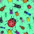 Color bugs and beetles green seamless pattern