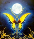 Color Butterfly with ornament and night sky with moon in background. Royalty Free Stock Photo