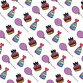 Color cake candles with hats and balloons background