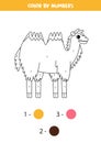 Color cartoon bactrian camel by numbers. Worksheet for kids.