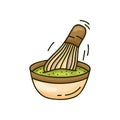 Color cartoon bowl with whisk. Doodle illustration of matcha tea, whipping sauce or making dough. Hand drawn vector food icon on Royalty Free Stock Photo